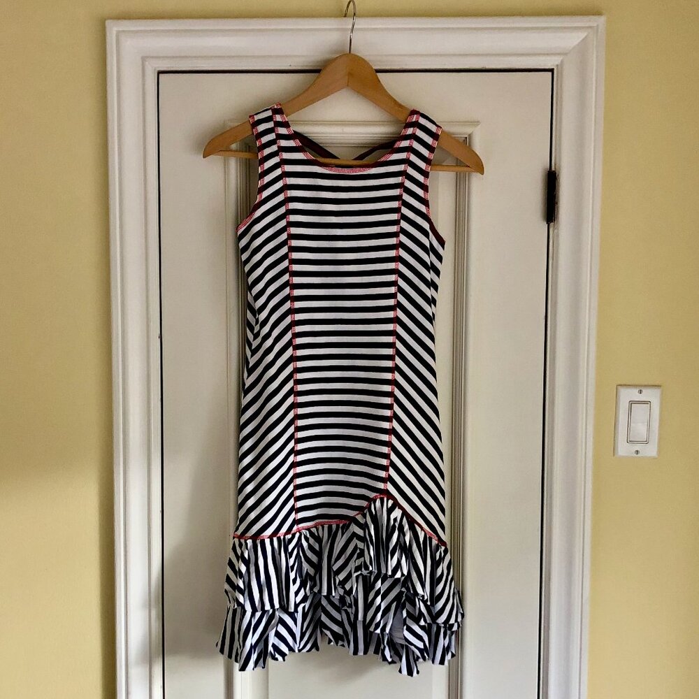 KC Parker Dark Navy Blue and White Striped Asymmetrical Flounce Dress SIZE 16
